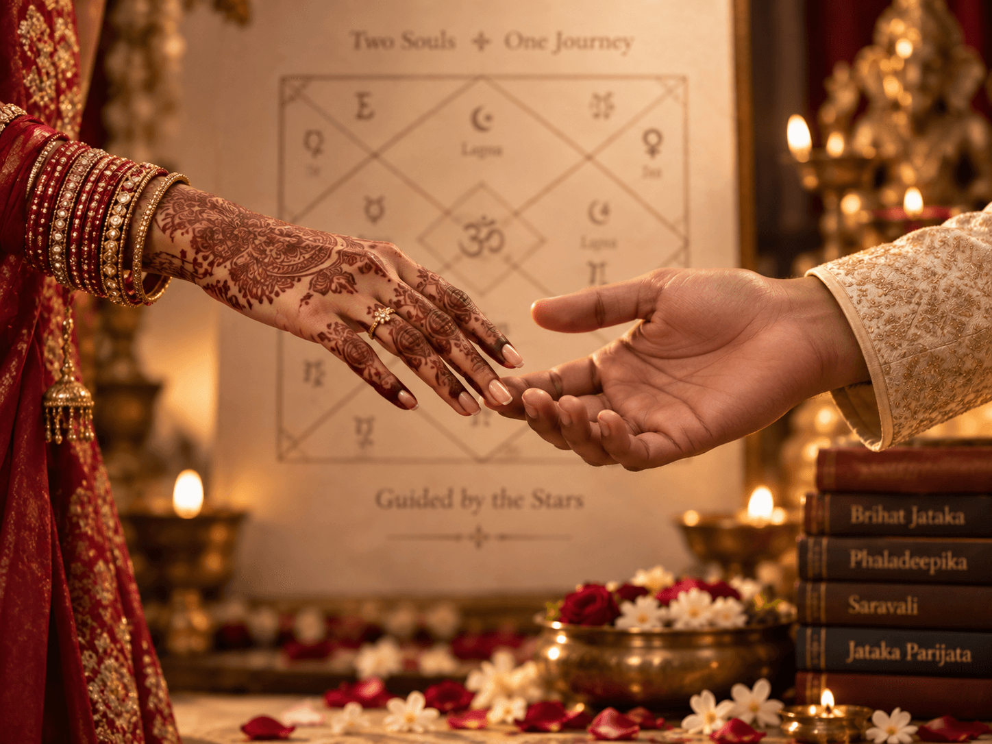Two hands, one decorated with henna, reaching toward each other over a Vedic birth chart