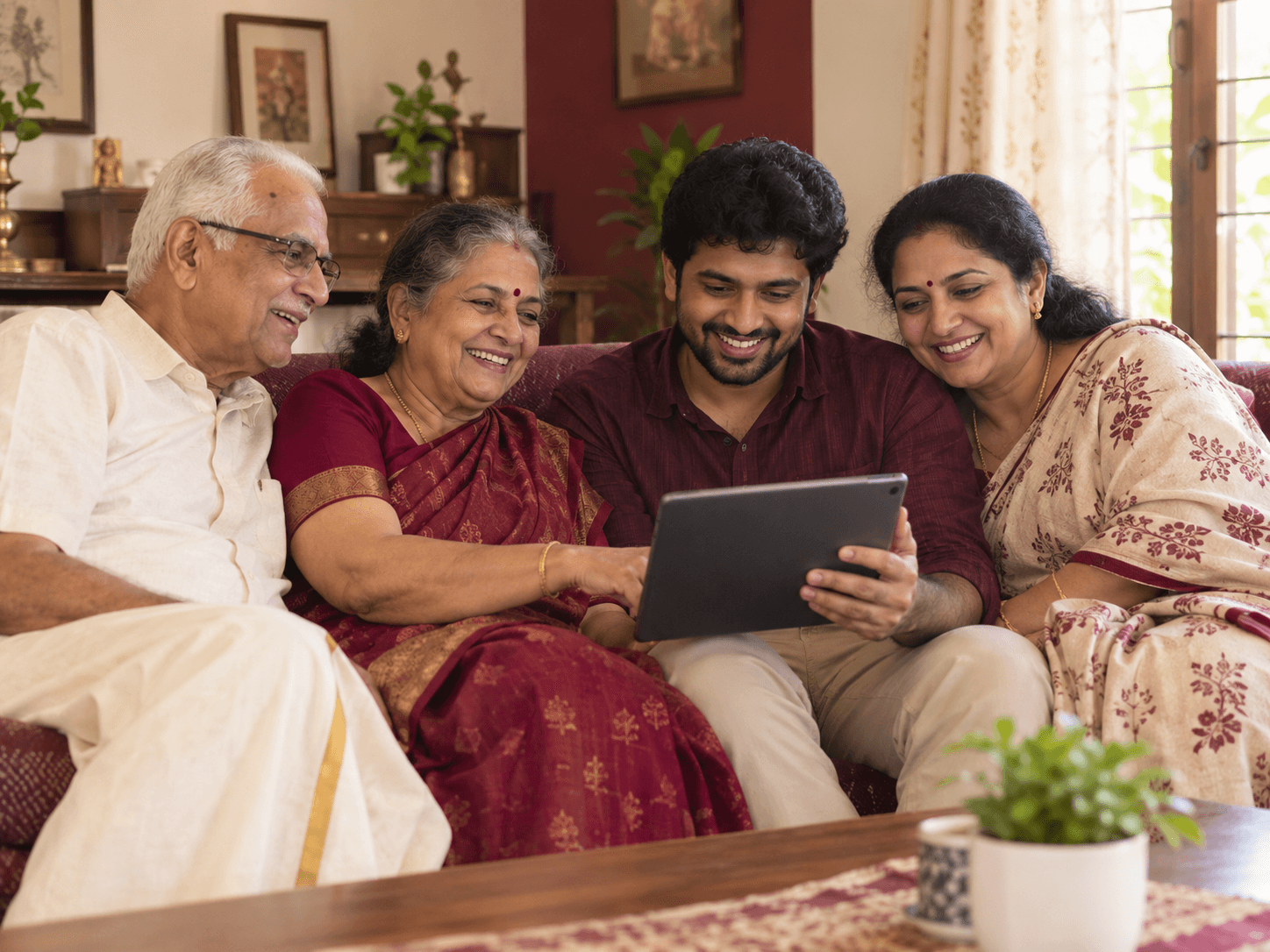 A multi-generational family sitting together on a sofa, smiling at a tablet