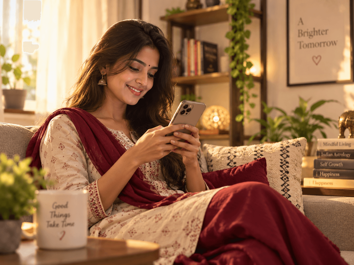 A woman smiling as she reviews her Suited results on her phone at home