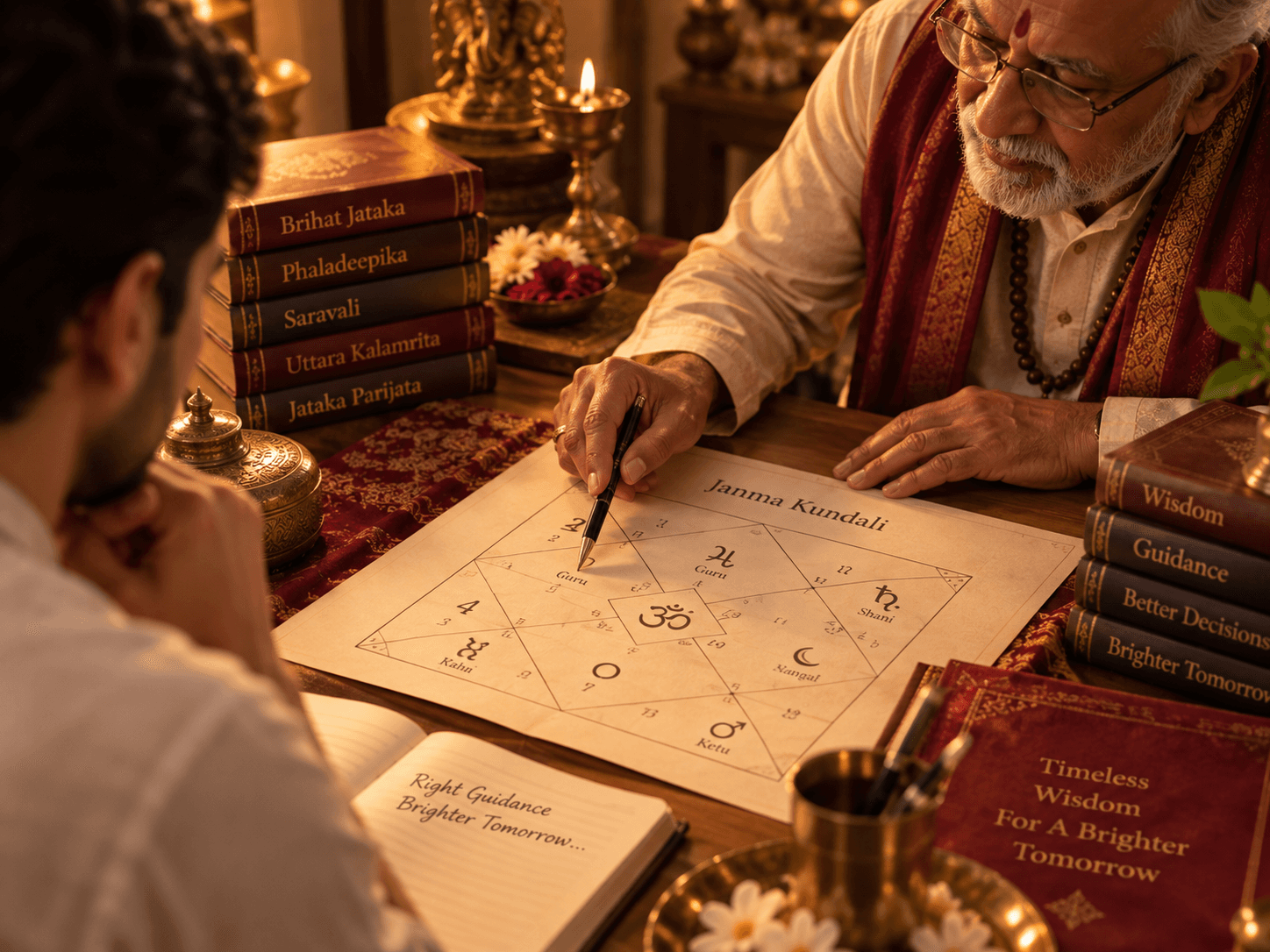 An astrologer pointing to a Janma Kundali birth chart while explaining it